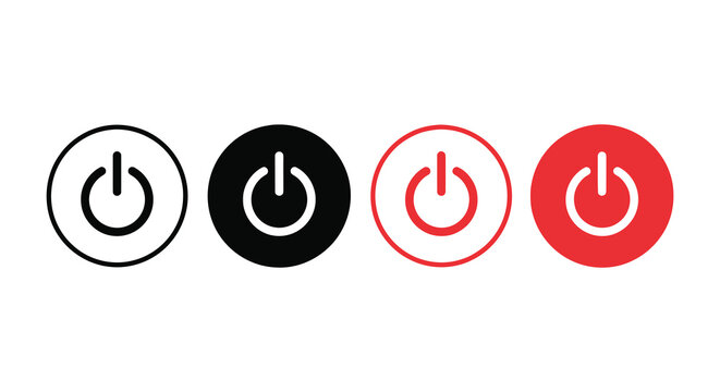 Power button icon set in black white and red variations on a white background