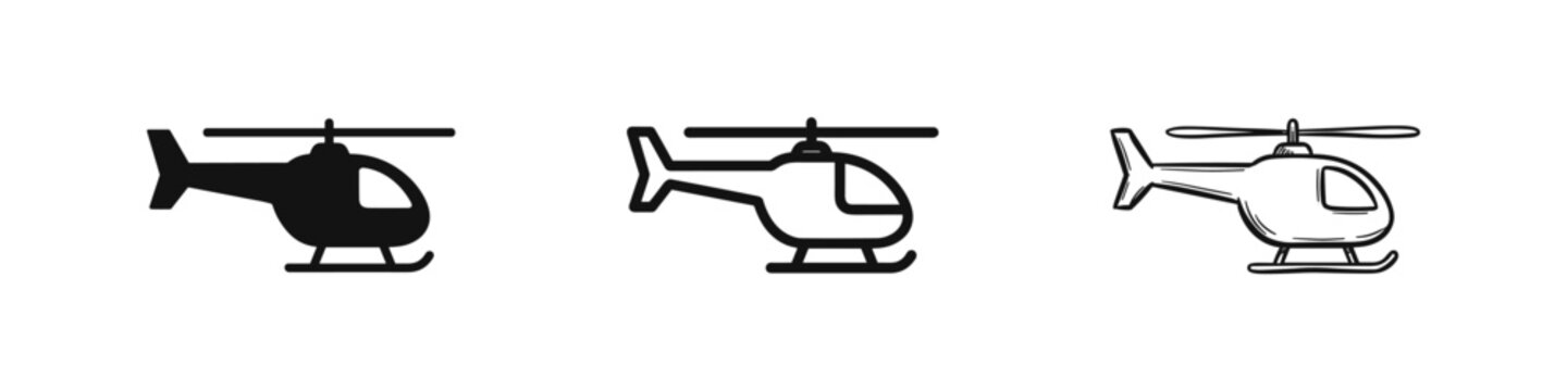 Helicopter aircraft icon set, solid, line and sketch styles