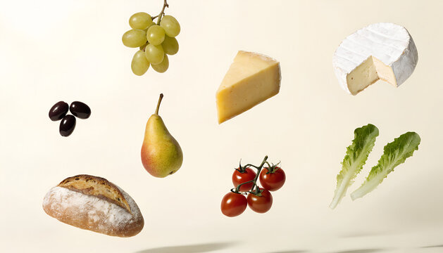 minimal elegant levitation of grapes, hard cheese wedge, camembert wheel, olives, pear, rustic bread loaf, cherry tomatoes on vine, lettuce .