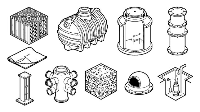 Isometric line art illustration of industrial water management and drainage system components.