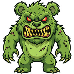 Fototapeta premium A cartoon green bear appears menacing with sharp teeth and glowing red eyes.