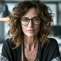 Obraz premium Confident middle aged woman with curly brown hair, eyeglasses, and necklace in modern office, natural light, professional expression
