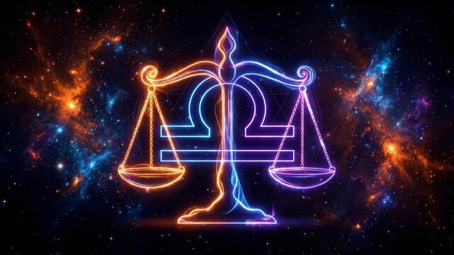 Glowing neon Libra zodiac sign and scales of justice symbol set against a vibrant cosmic space background with stars and nebulae