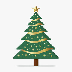Fototapeta premium Festive Green Christmas Tree Decorated with Gold Ribbons and Stars.