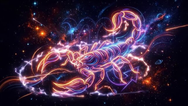 Vibrant neon scorpion representing the Scorpio zodiac sign against a starry cosmic background