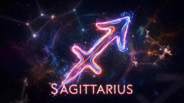 Glowing neon Sagittarius zodiac symbol with flowing multicolor light trails in deep space against a starry nebula background
