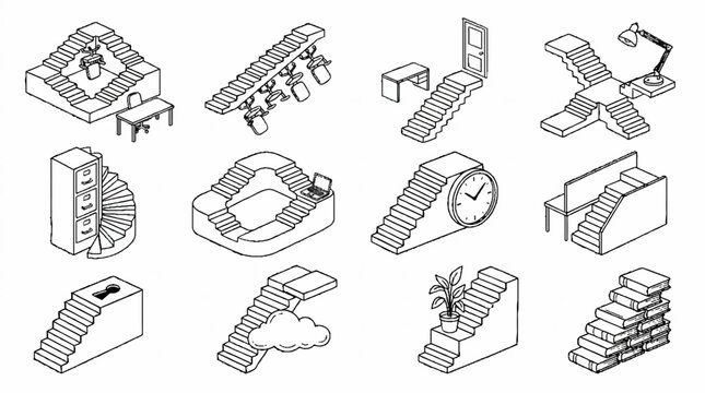 Isometric line art collection of surreal office furniture and impossible staircases concept.