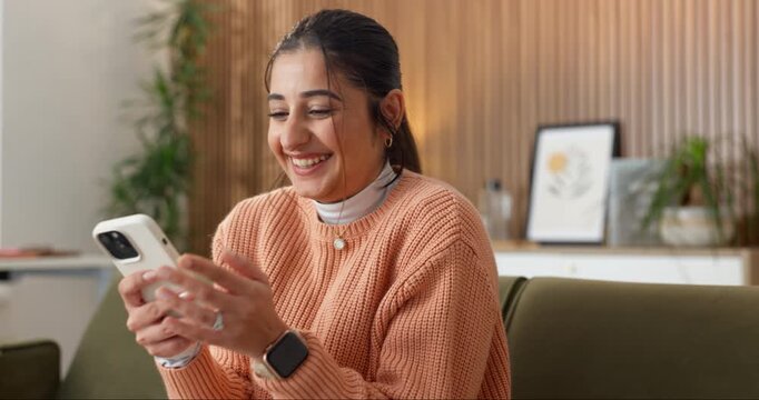 Phone, winner and excited with woman on sofa in home for social media giveaway, celebration and news. Online prize draw, success and announcement with person in living room of house for mobile bonus