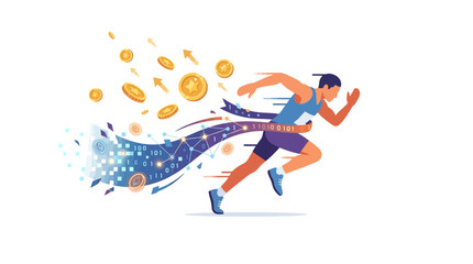 Obraz premium Determined male sprinter crossing digital finish line with gold coins and data trails flat vector illustration.