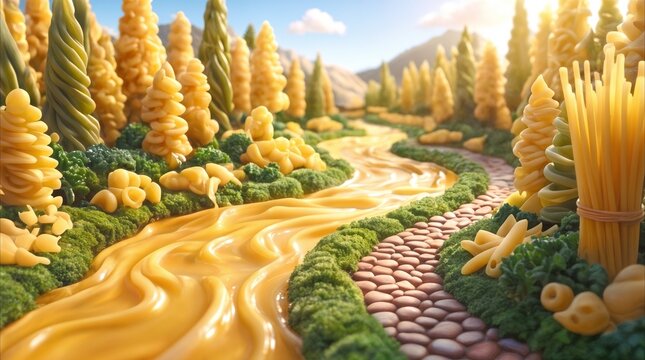 Pasta landscape with cheese sauce river and broccoli bushes. Surreal food art world featuring trees made of fusilli and rotini noodles.