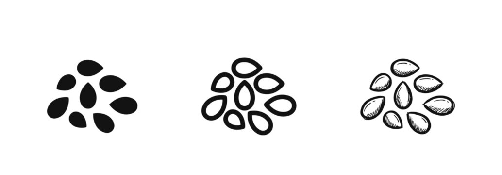 Set of sesame seeds icons in different art styles