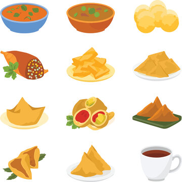 Traditional Indian and Asian Street Food Snacks Collection Vector Illustration Set