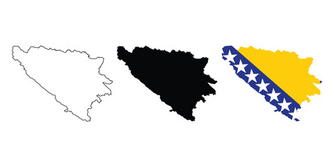 Fototapeta premium Bosnia and Herzegovina Map Outline, Silhouette, and Flag Illustration Set. Template Europe creative state flag for design, illustration.