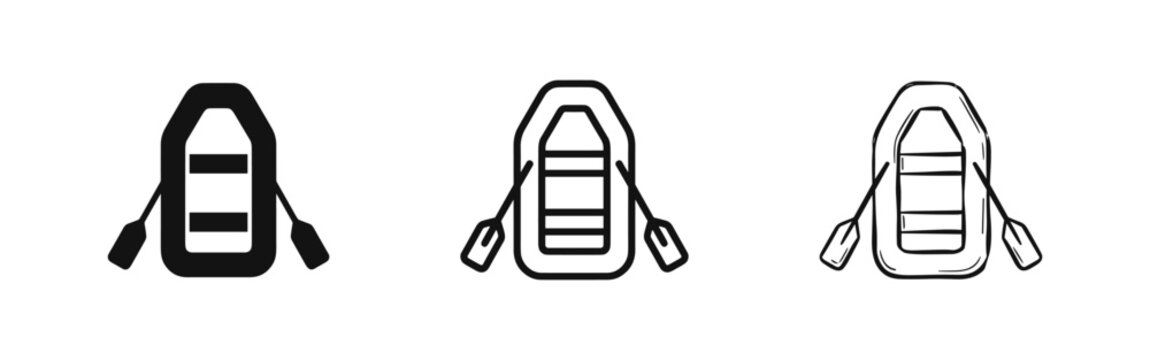 Inflatable raft boat with paddles icons