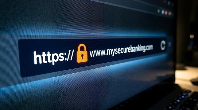 Secure https connection on a computer screen with a padlock icon and website address image photo