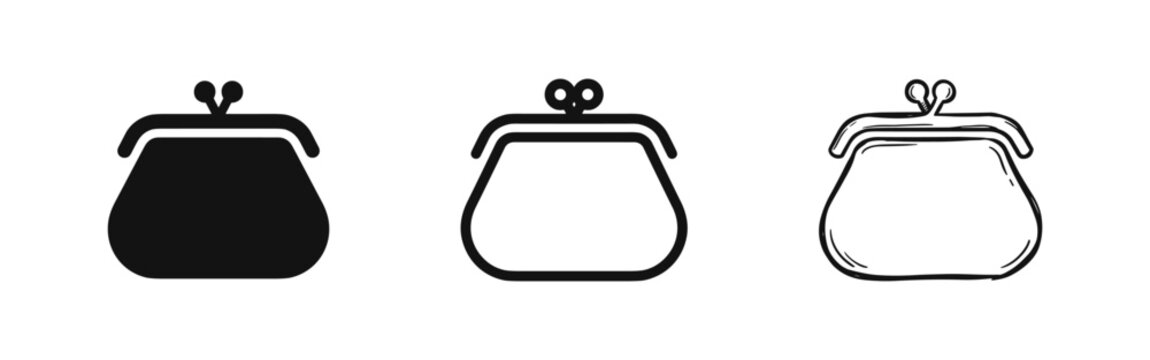 Wallet purse icon set in solid, outline, and sketch styles