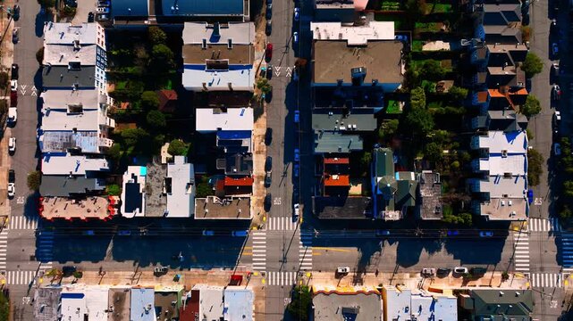 Overhead street grid with rooftops and crosswalks, San Francisco. Flat roof block pattern, bold white crosswalk stripes, parked vehicle rows and tree canopy under midday sun.