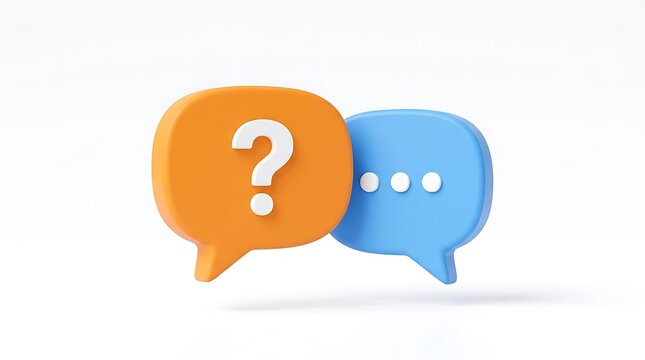 Two speech bubbles, one orange with a question mark, one blue with dots chat communication