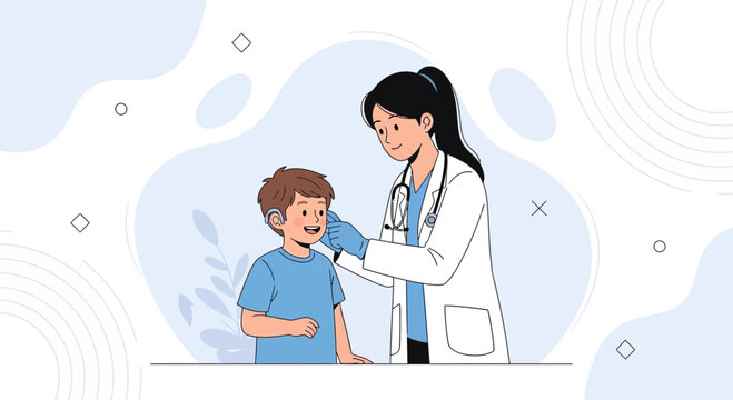 Doctor checking a child's hearing aid, medical consultation, healthcare concept, modern flat illustration style