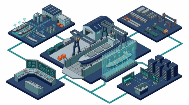 Isometric shipbuilding factory complex with advanced technology and digital interfaces.