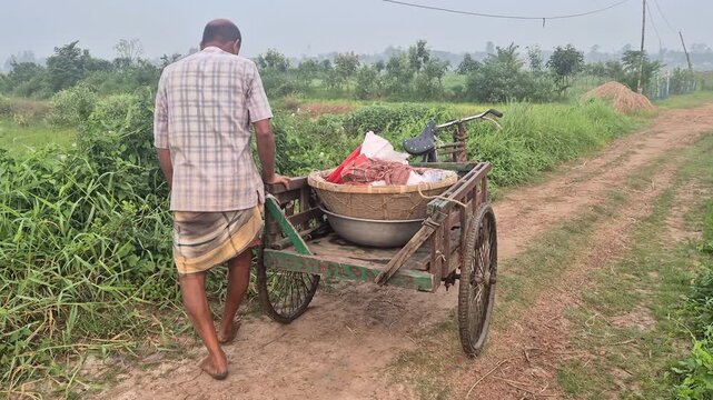 Farmer Preparing Three Wheeled Cycle Van With Baskets For Vegetable Harvest