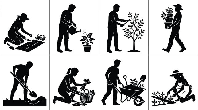 Set of black and white gardening silhouette icons showing men and women working