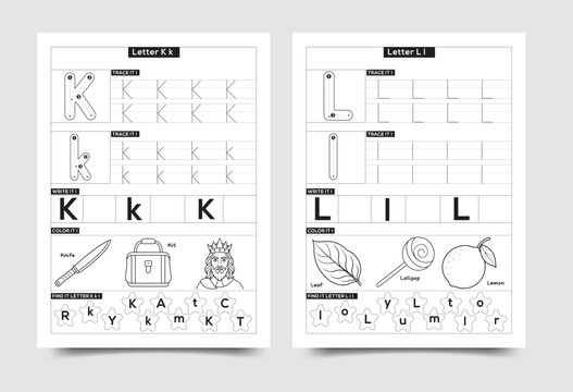 Alphabet tracing worksheet for preschoolers letters k and l with alphabet worksheet preschool education learning practice exercise