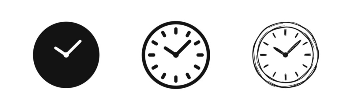 Clock icon set in glyph, outline, and sketch styles