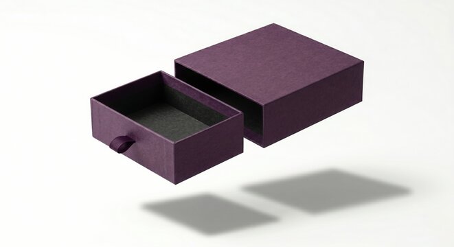 Levitating open purple sliding drawer box isolated on a white background. Drop shadow premium luxury packaging mockup and elegant cosmetics branding template concept.
