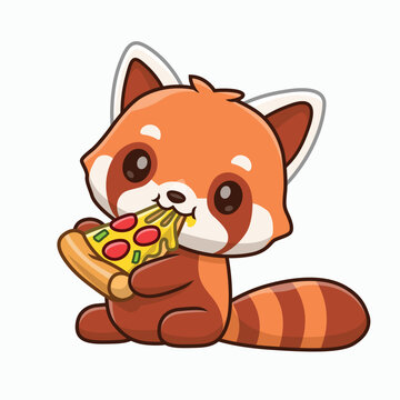 Cute Red Panda Eating Pizza Cartoon Character Holding A Cheesy Slice With Playful Expression