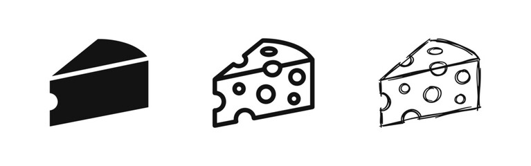 Fototapeta na wymiar Swiss cheese slice icon set in flat, line, and hand-drawn doodle style
