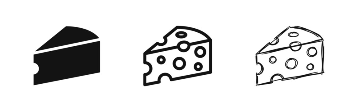 Swiss cheese slice icon set in flat, line, and hand-drawn doodle style