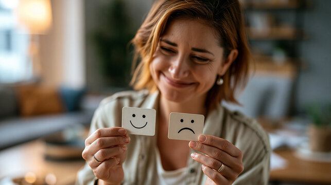 Woman holding contrasting happy and sad face cards to express changing emotions in a safe welcoming environment with warm neutral colors and authentic human emotion, showing mindfulness,