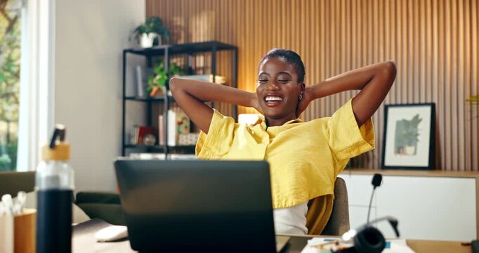 Finish, relax and black woman with laptop for remote work, productivity and complete tasks. Happy, done and person stretching with computer for submission, online project and report for break in home