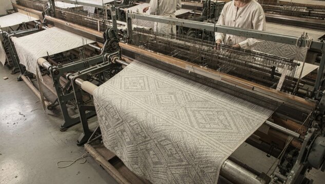 Artisan weaving floor with monochrome Jacquard looms creating detailed geometric patterns showcasing precise craftsmanship in neutral tones under soft lighting.