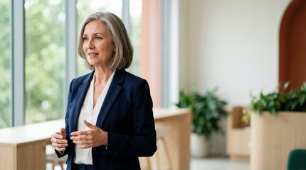 Fototapeta premium Confident senior businesswoman talking and gesturing in a modern office. Mature female executive or manager giving a presentation. Corporate leadership concept