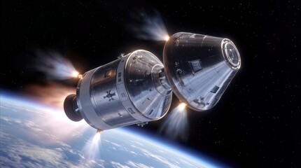 Fototapeta premium Spacecraft performing docking maneuver in low Earth orbit. Command and service module firing thrusters for orbital correction above planet horizon.