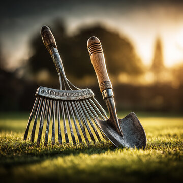 Vintage gardening tools: small rake and garden shovel on natural defocused background