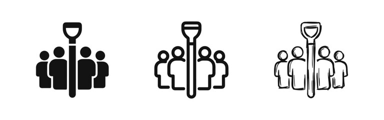 Set of shovel with group of people icons in solid, linear and sketch styles © drawing lines