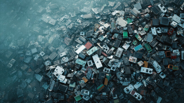 Electronic waste landfill top view, heap of discarded device parts and metal scrap in polluted dump
