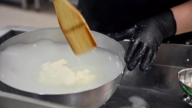 Person stirring a large bowl of white melted chocolate