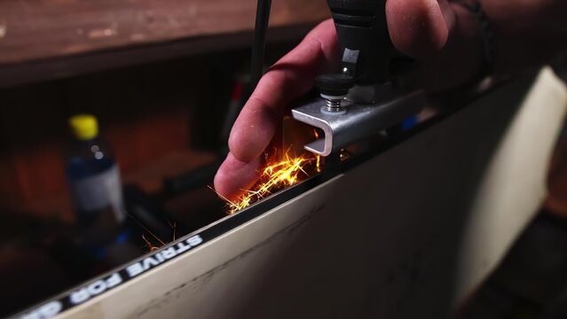 Person using a metal cutter to cut metal with sparks flying