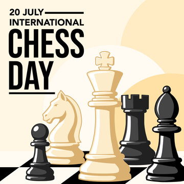 This International Chess Day greeting card illustration features chess pieces such as pawns, knights, kings, rooks, and bishops on a flat-art chessboard against a cream-colored background. 