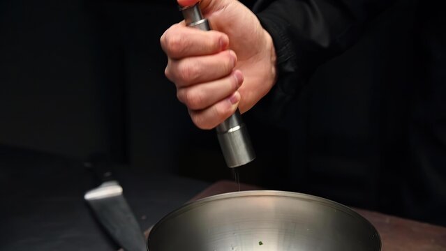 Person using a metal tool on a large metal bowl in dark setting