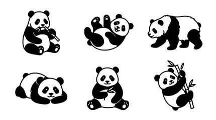 Naklejka premium Pandas in Various Poses and Activities, Black and White Illustration Featuring Panda, Animal, Cute with Cartoon and Vector