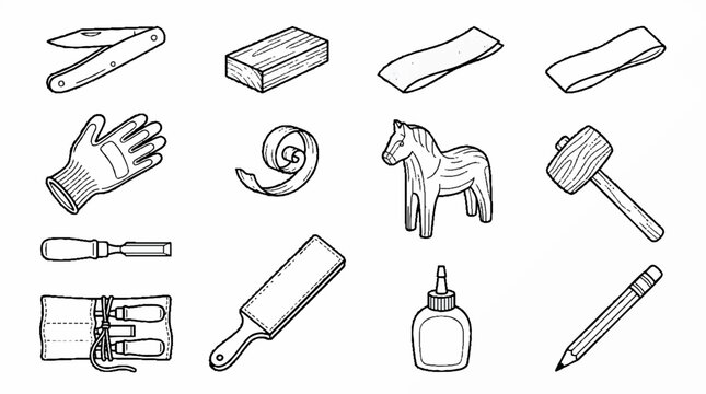 Hand drawn woodworking tools and equipment collection in black and white line art style.