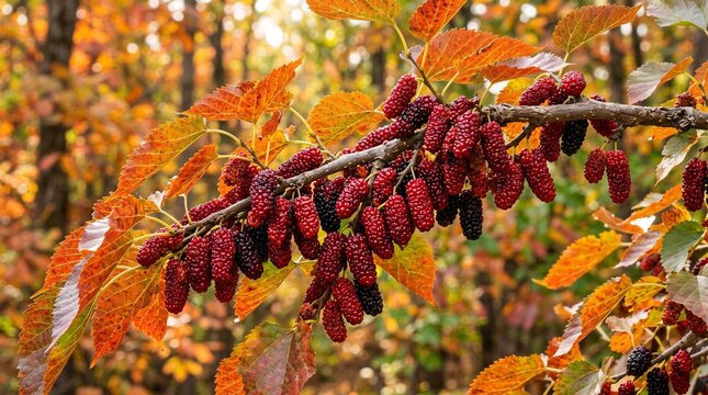 Heavy cluster of ripe elongated red and purple mulberries hanging from a branch is surrounded by serrated leaves showing autumn colors.
