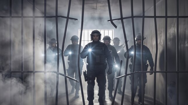 Special forces unit entering prison cell through broken bars. Tactical team conducting raid in smoky correctional facility.