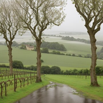 Wet Vintage Countryside Photograph in Muted Greens for Rustic Background with copy space