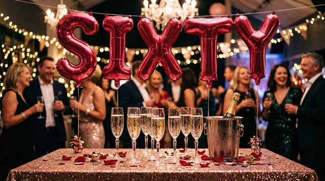 Joyous celebration scene features large metallic ruby red foil balloons spelling sixty as crystal flutes with champagne sit on the table.